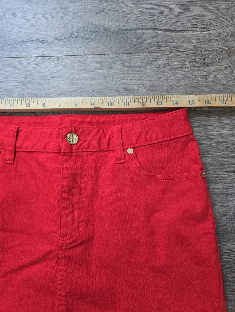 Tory Burch red denim mini skirt Gold Tone Hardware Size 27
